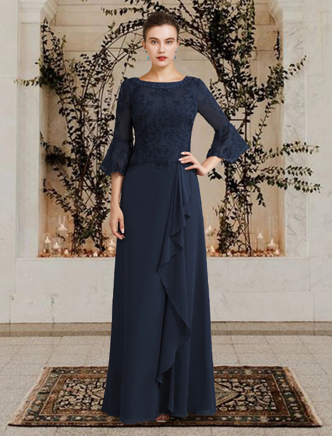 Elegant plus size sheath Mother of the Bride dress with jewel neck, half sleeves, and sequin appliques.