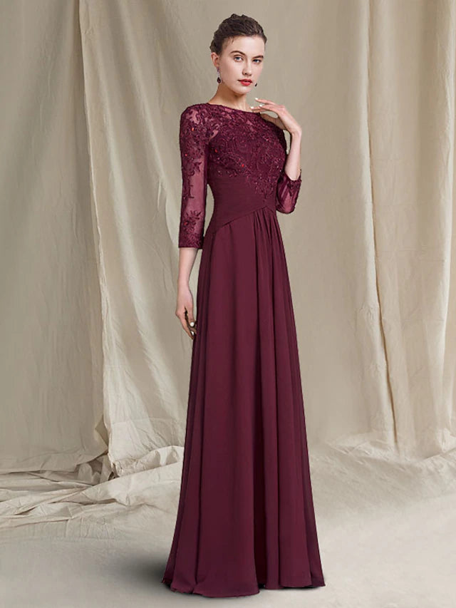 Elegant plus size sheath Mother of the Bride gown with jewel neck and 3/4 sleeves.