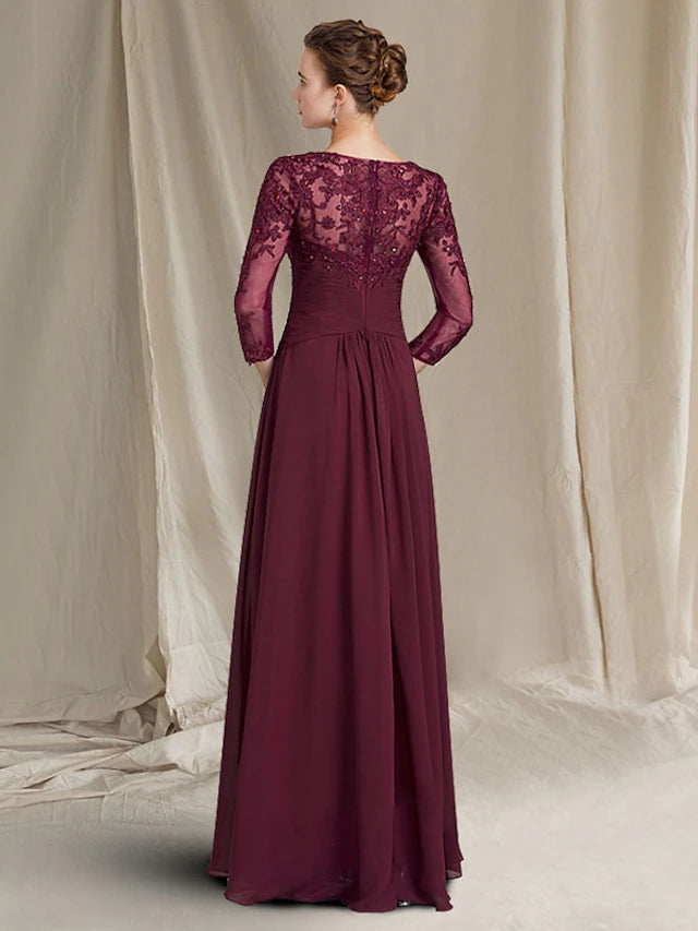 Side view of the plus size Mother of the Bride gown, showcasing ruched appliques.