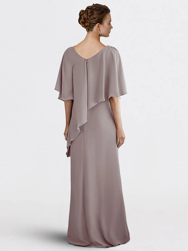 Back view of a floor-length chiffon plus size Mother of the Bride gown.