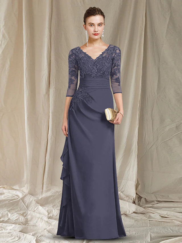Elegant plus size Mother of the Bride sheath dress with V-neck and 3/4 sleeves.
