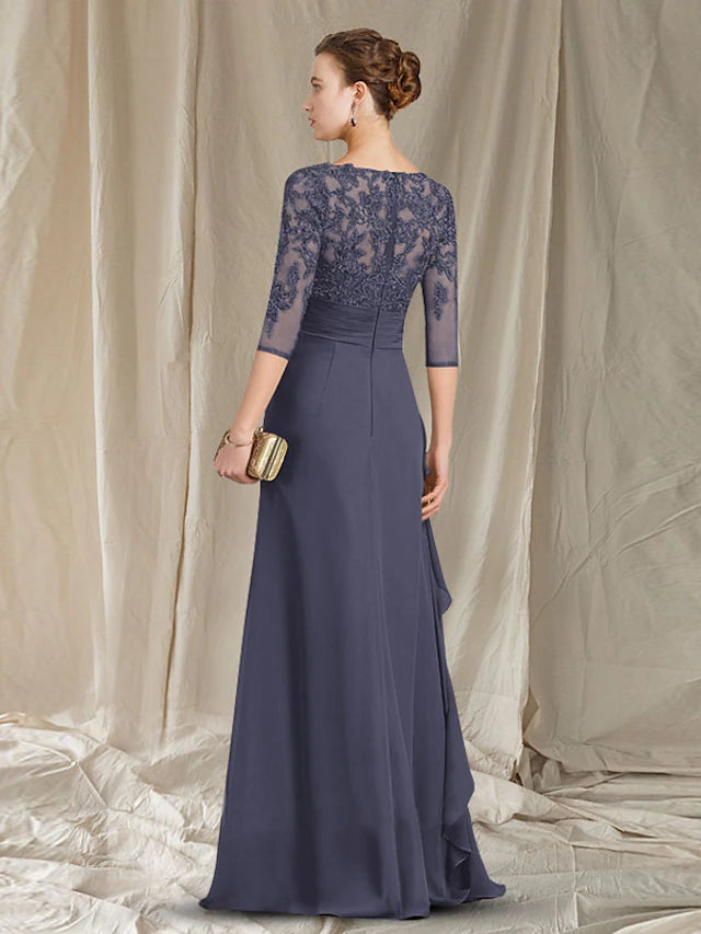 Full length view of a chiffon Mother of the Bride dress featuring ruffles and appliques.