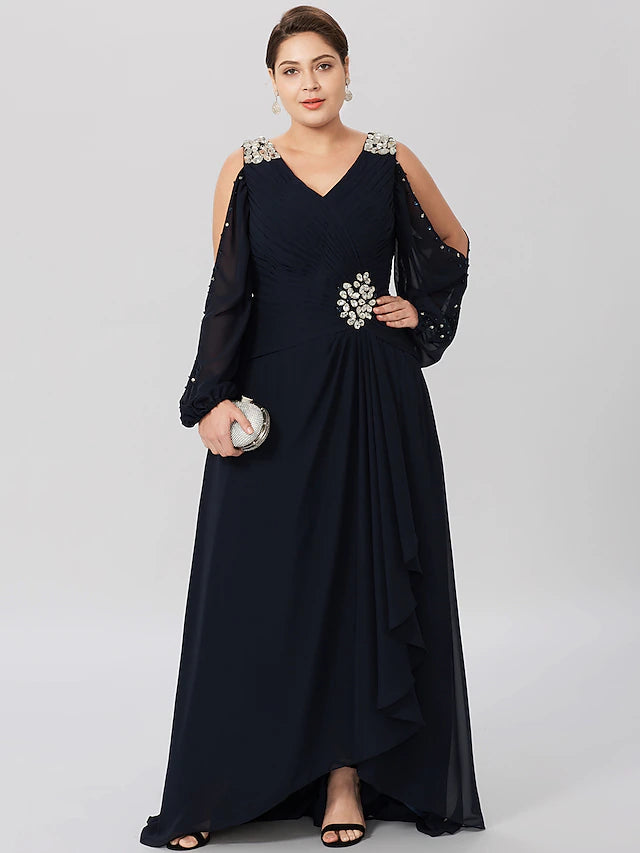 Elegant plus size Mother of the Bride dress with V-neck and long sleeves.