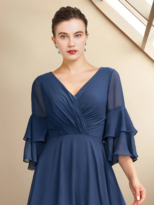 Side view of plus size chiffon Mother of the Bride dress with elegant draping.