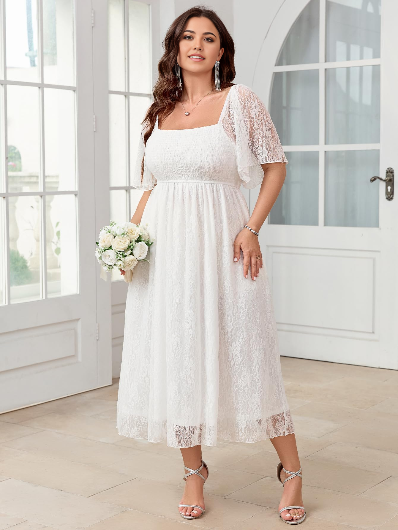 Elegant plus size formal gown with square neck and lace short sleeves.