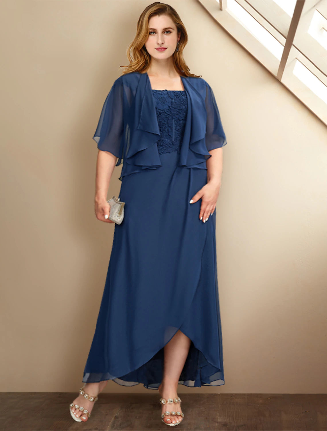Elegant plus size Mother of the Bride two-piece A-line chiffon dress with square neck and half sleeves.