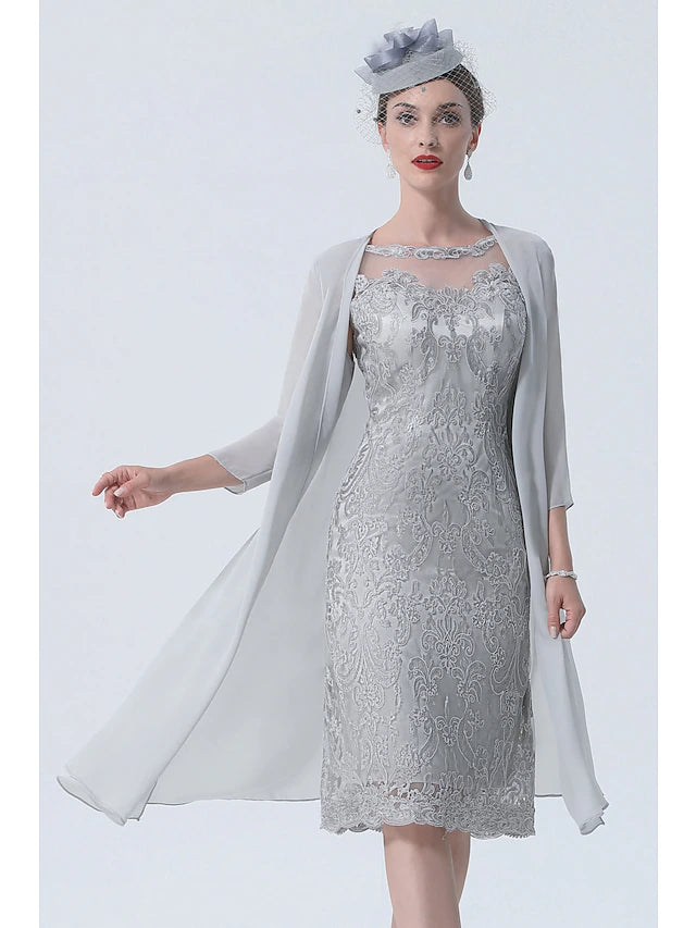 Back view of the two-piece tea length Mother of the Bride dress.