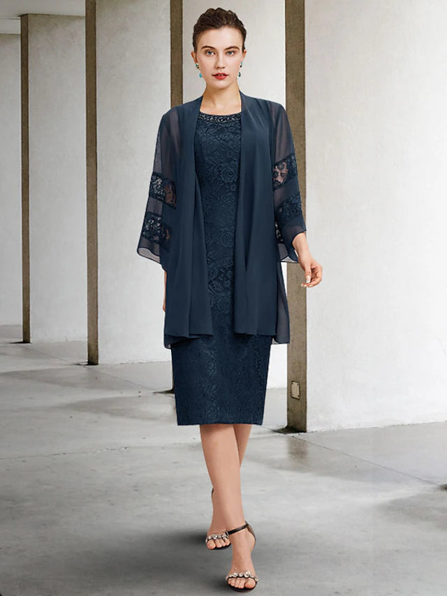 Elegant plus size two-piece Mother of the Bride dress with jewel neck and beading.