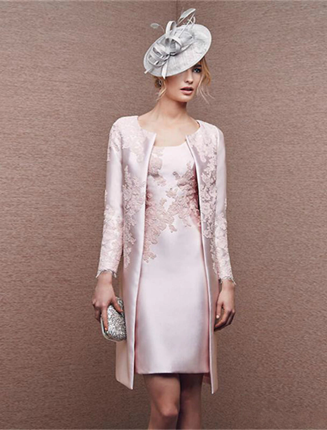 Elegant plus size two-piece sheath mother of the bride dress with matching jacket.