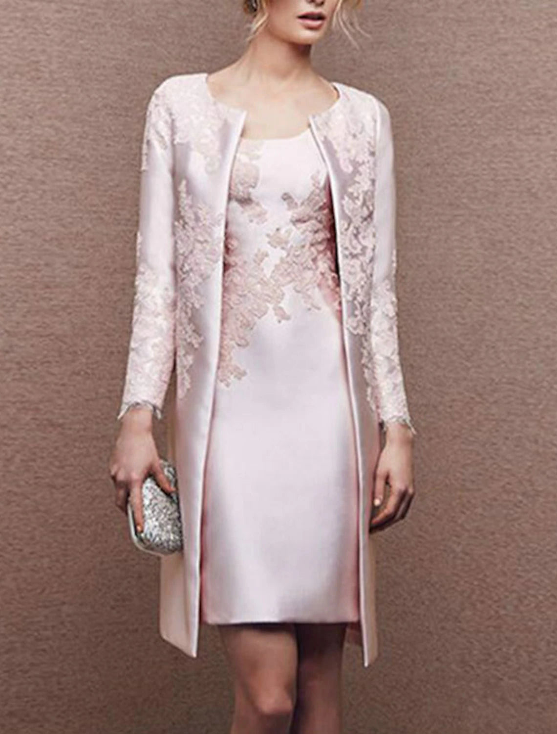 Back view of the elegant plus size sheath dress showing the matching jacket.