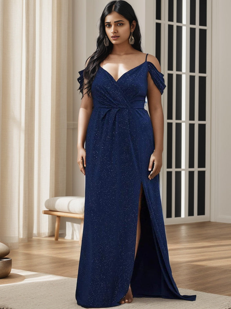 Navy blue plus size V-neck cold shoulder gown.