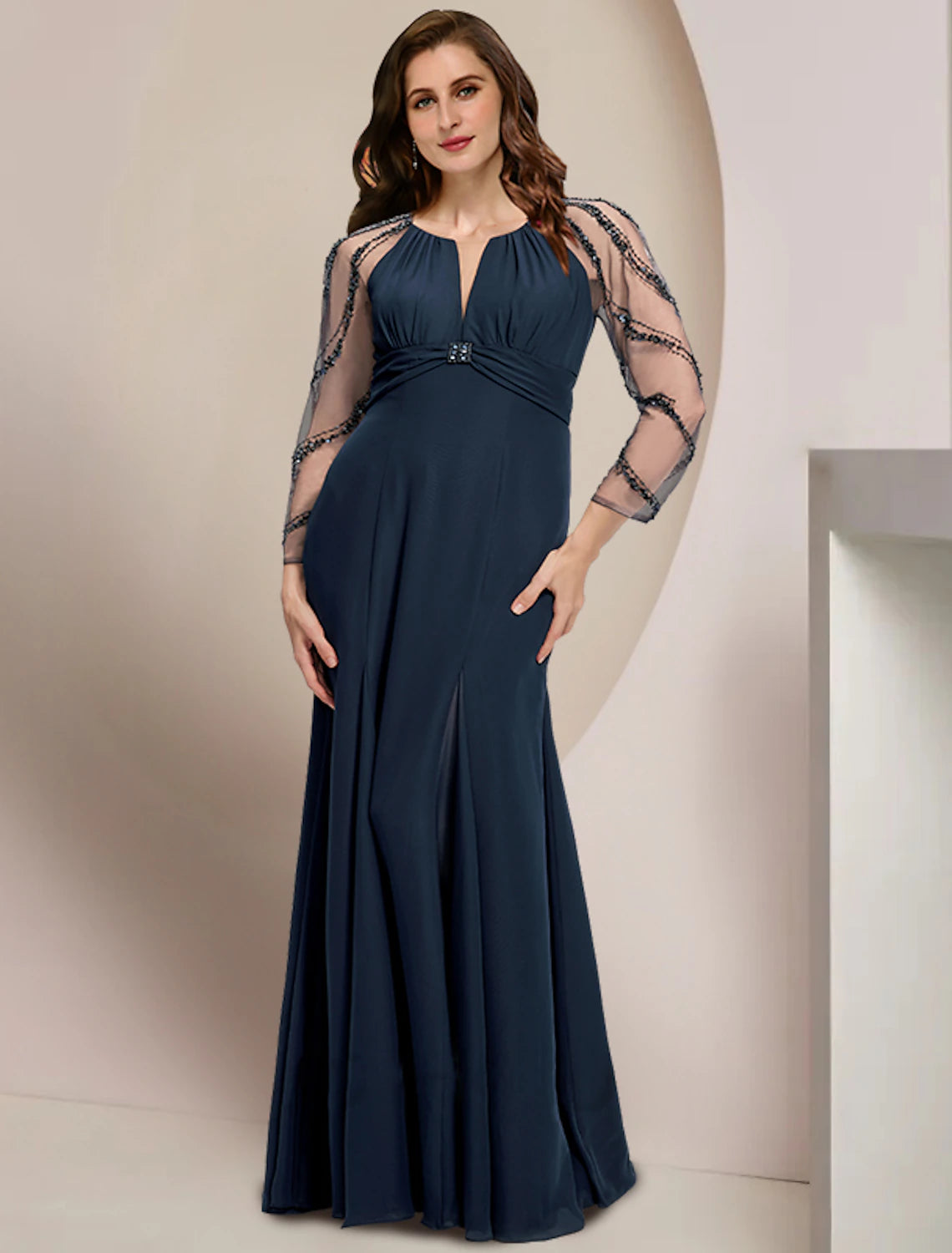 Elegant plus size V-neck long sleeve chiffon Mother of the Bride dress, front view.