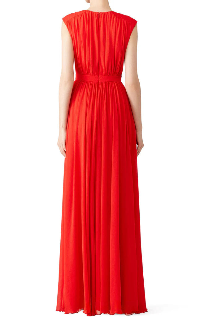 Full length view of a plus size V-neck chiffon formal gown.