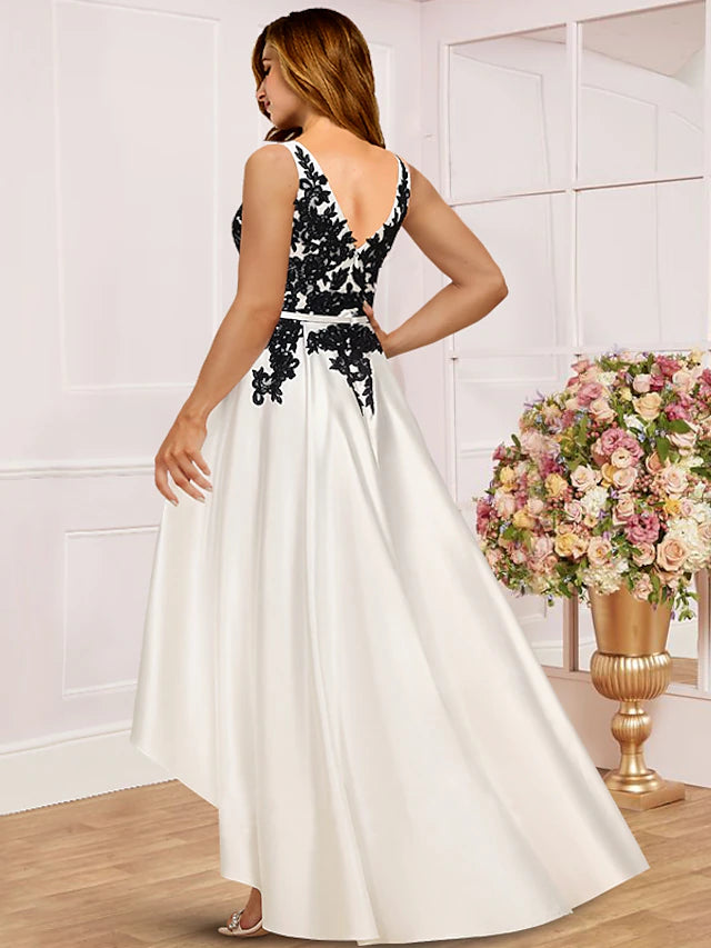 Full length view of the elegant Plus Size V-Neck dress, highlighting the lace and satin details.