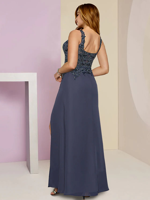 Close-up of the lace and sequin embellishments on an elegant plus size chiffon gown.