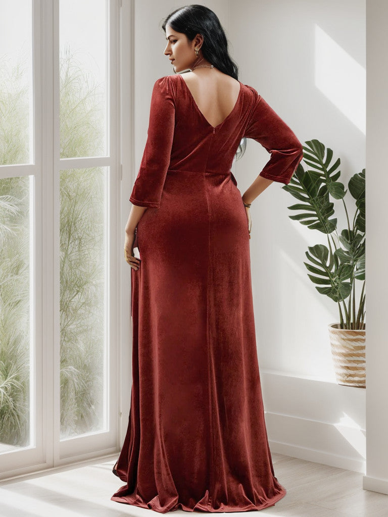Elegant plus size brick red velvet gown featuring 3/4 sleeves.