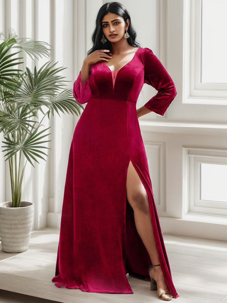 Plus size velvet evening dress in burgundy with plunging V-neck and front slit.