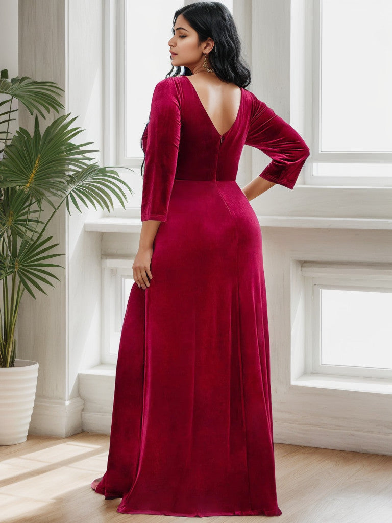 Elegant plus size burgundy velvet gown featuring 3/4 sleeves.