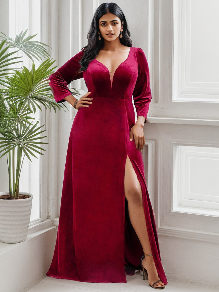Burgundy plus size velvet dress with a front slit.