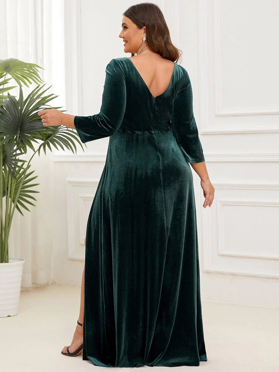 Dark green plus size velvet maxi dress, ideal for evening wear.