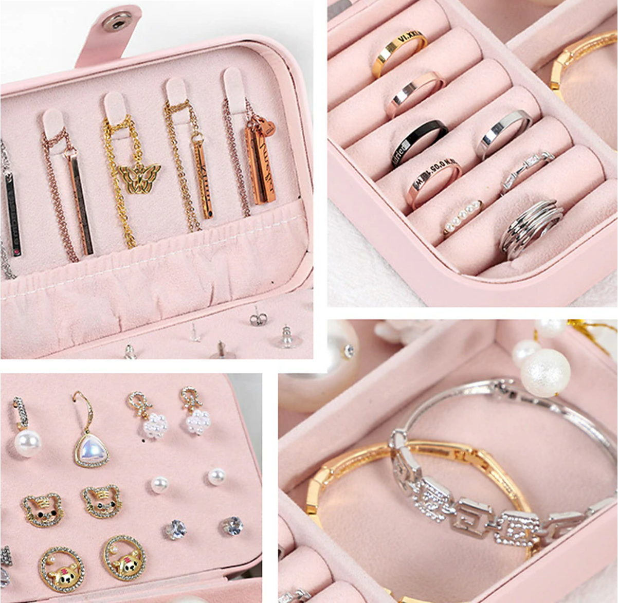 Open jewelry box with ring slots and compartments.