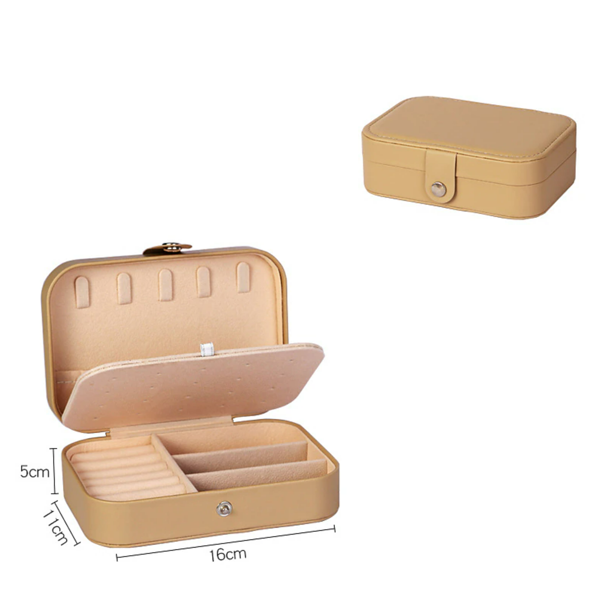 Interior of jewelry box with multiple compartments for earrings and rings.
