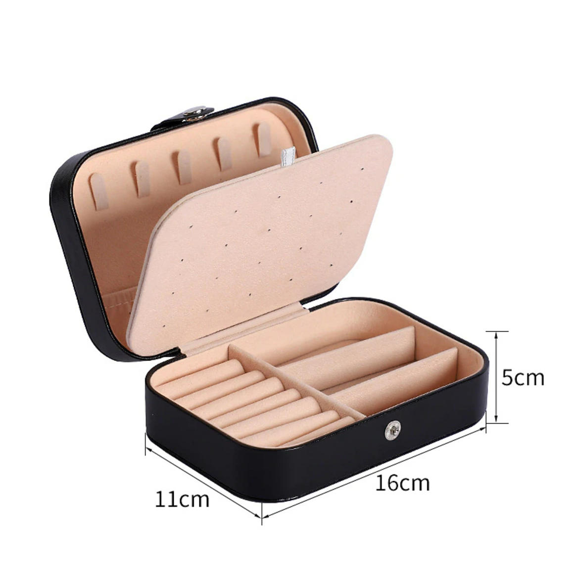 Compact jewelry storage box, side view.
