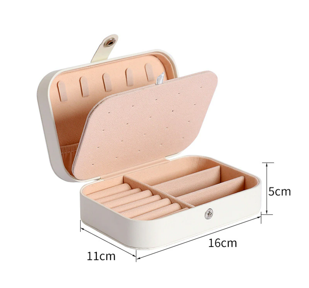 Jewelry box slightly open, revealing top storage layer.