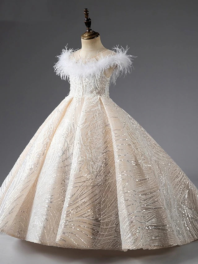 Elegant Princess Court Train Flower Girl Dress with faux pearls.