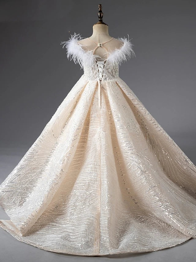 Girl posing in the Princess Court Train First Communion dress.