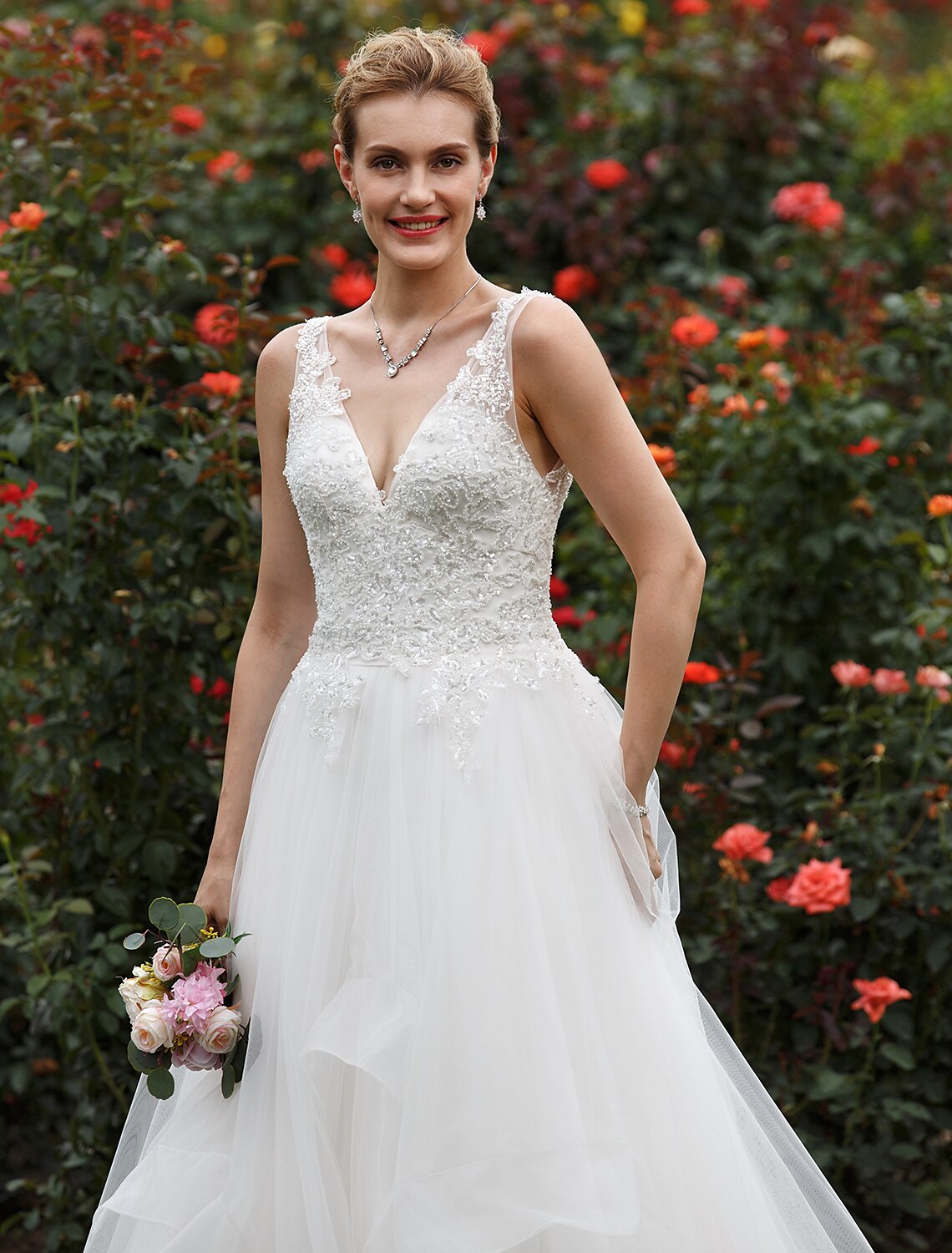 Back view of chapel train wedding dress.