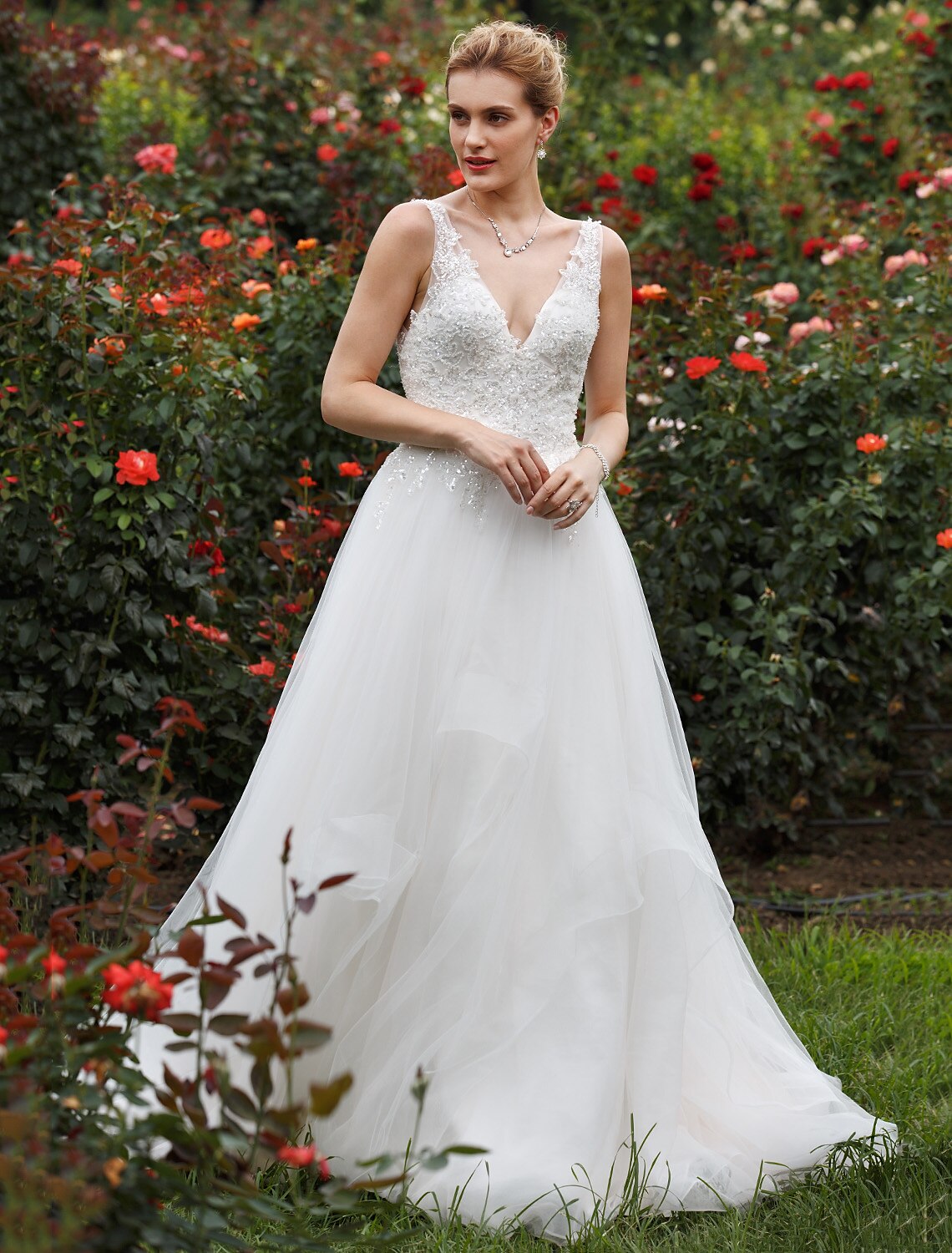 Detail of sequin and tulle on a wedding gown.
