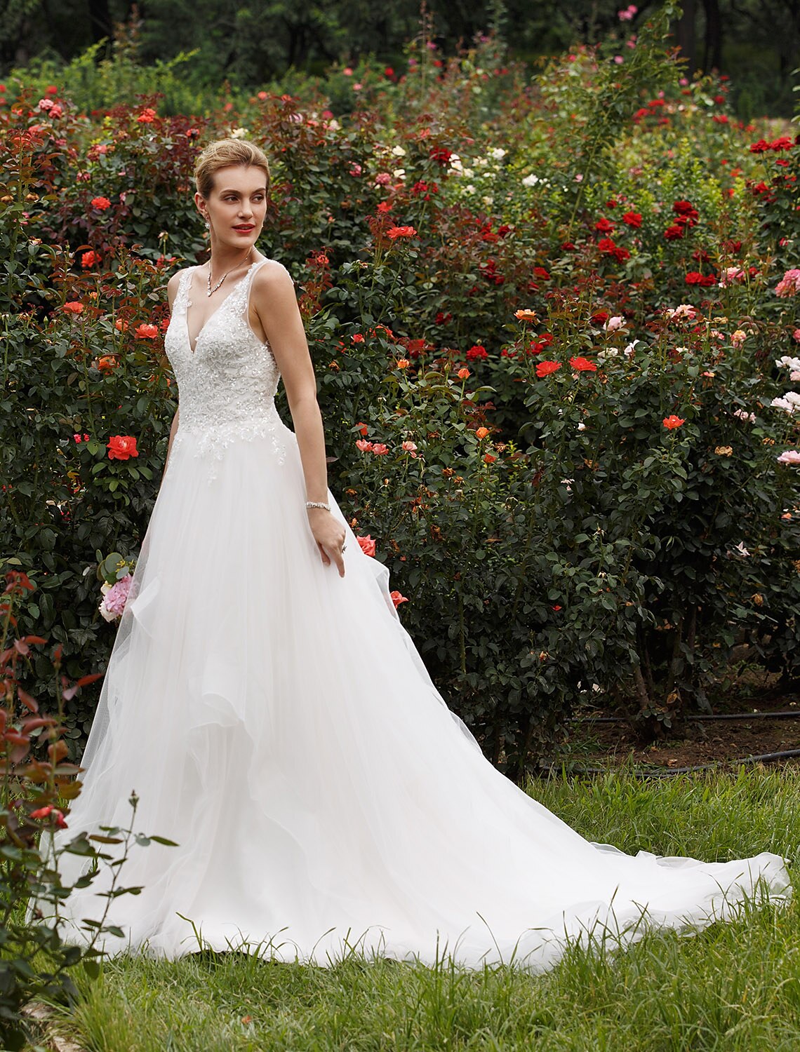 Front view of a white wedding dress.