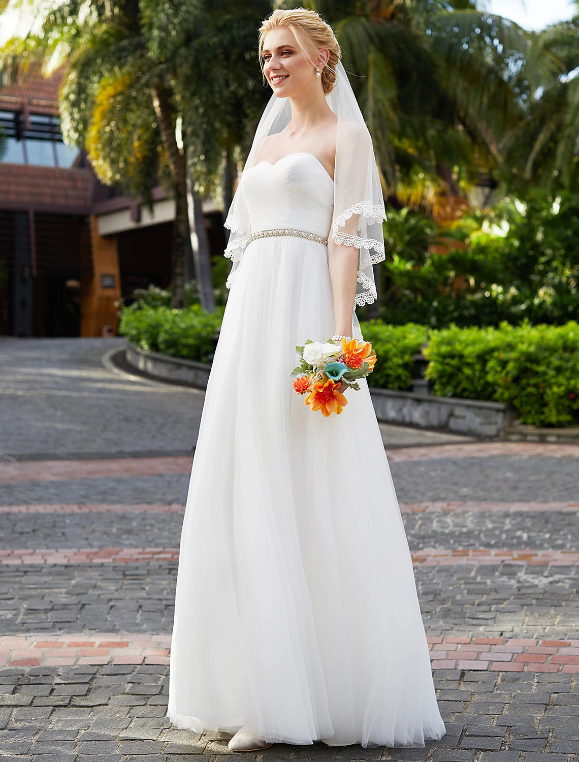 Romantic bridal gown with a princess silhouette.
