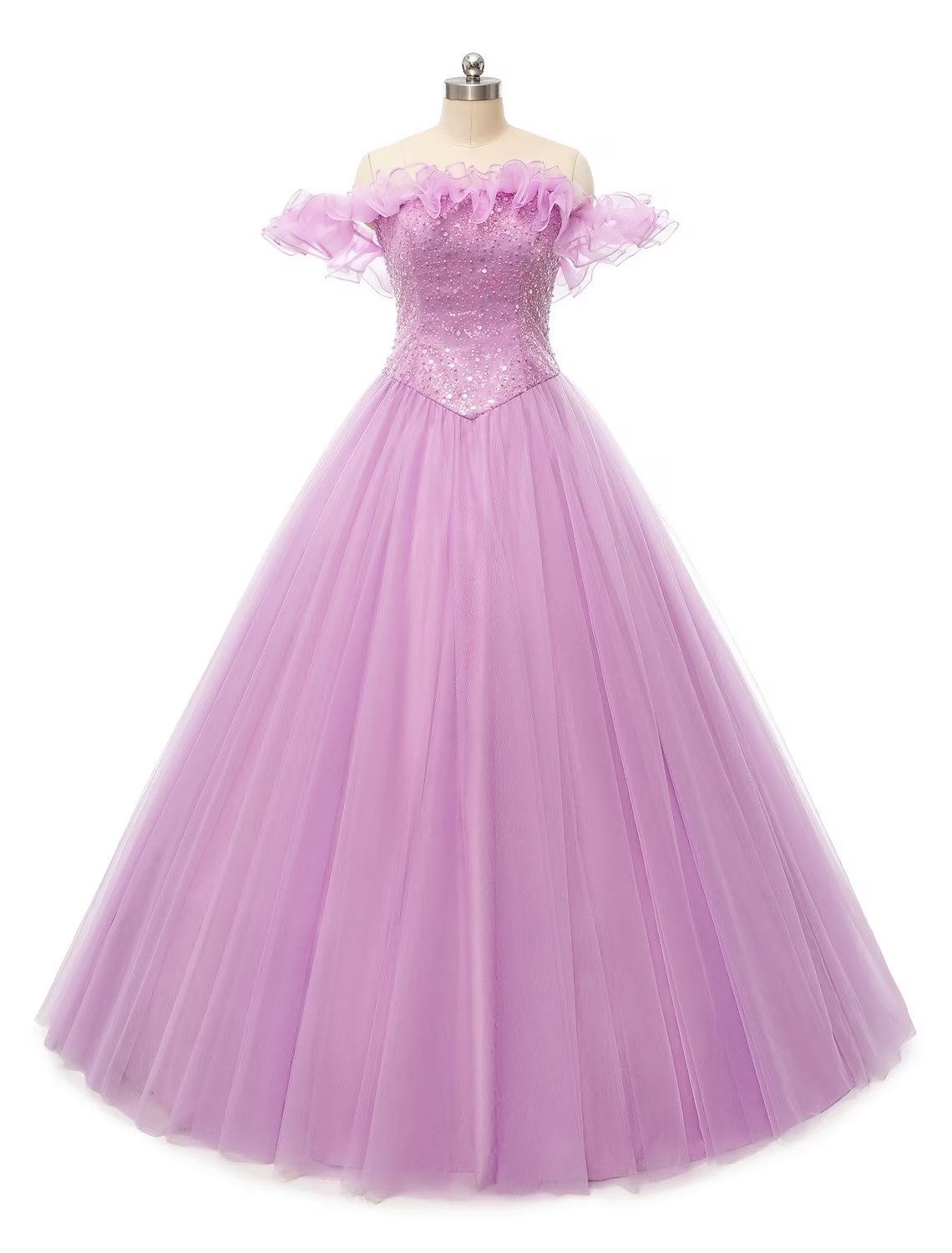 Off-shoulder tulle ball gown with pearl and sequin details.