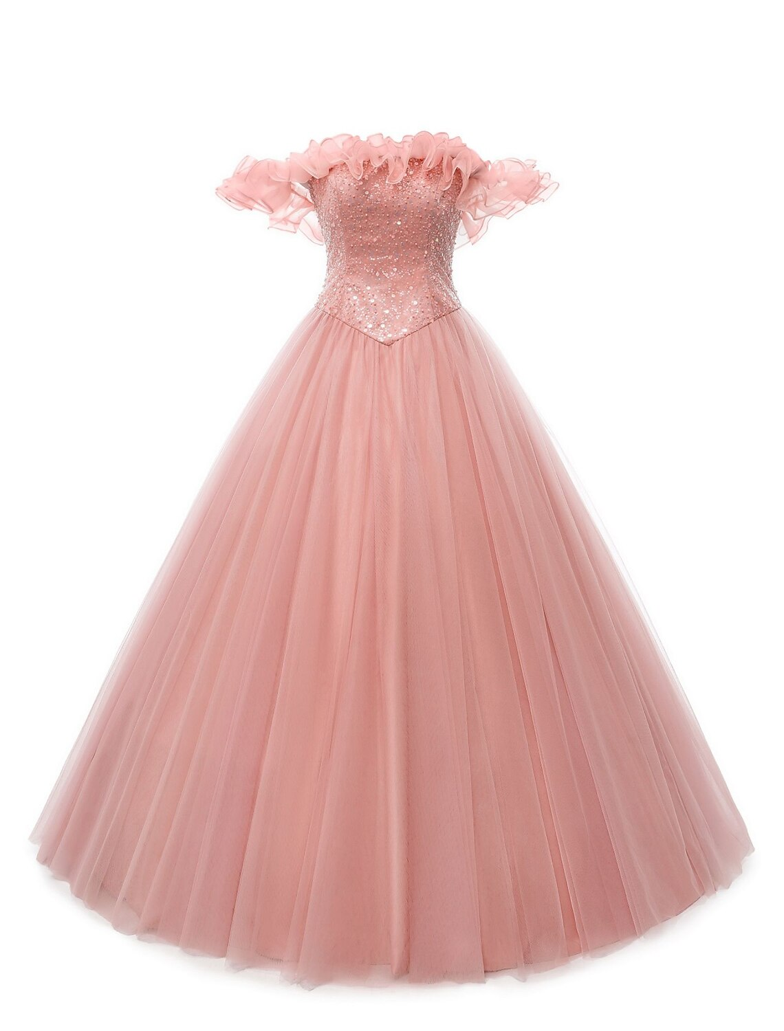 Full length view of the shimmering tulle ball gown.
