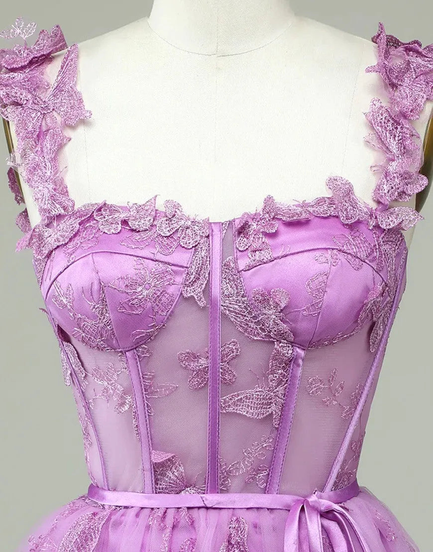 Side view of a model wearing a short purple A-line dress.