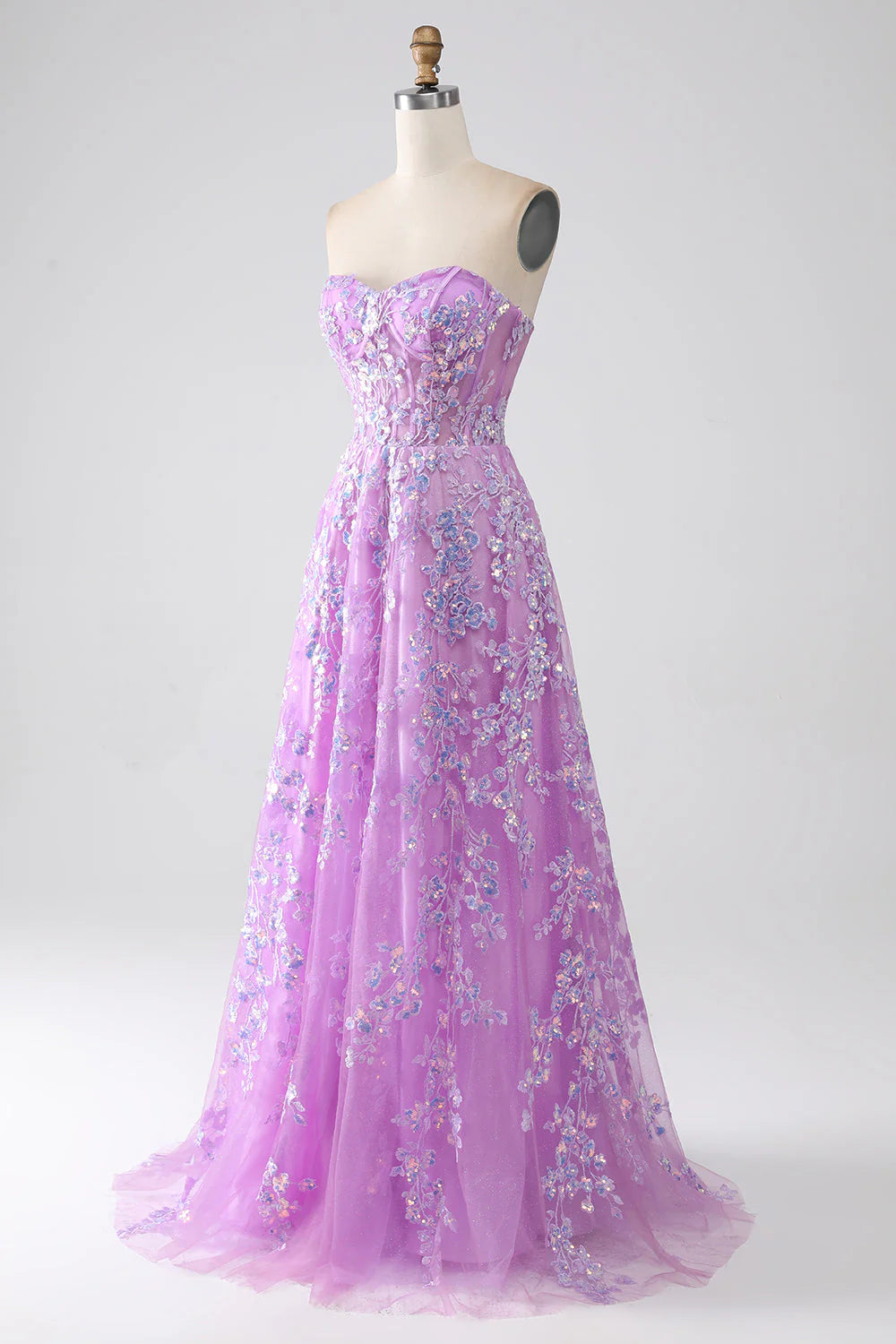 Back view of the purple A-line strapless prom dress.