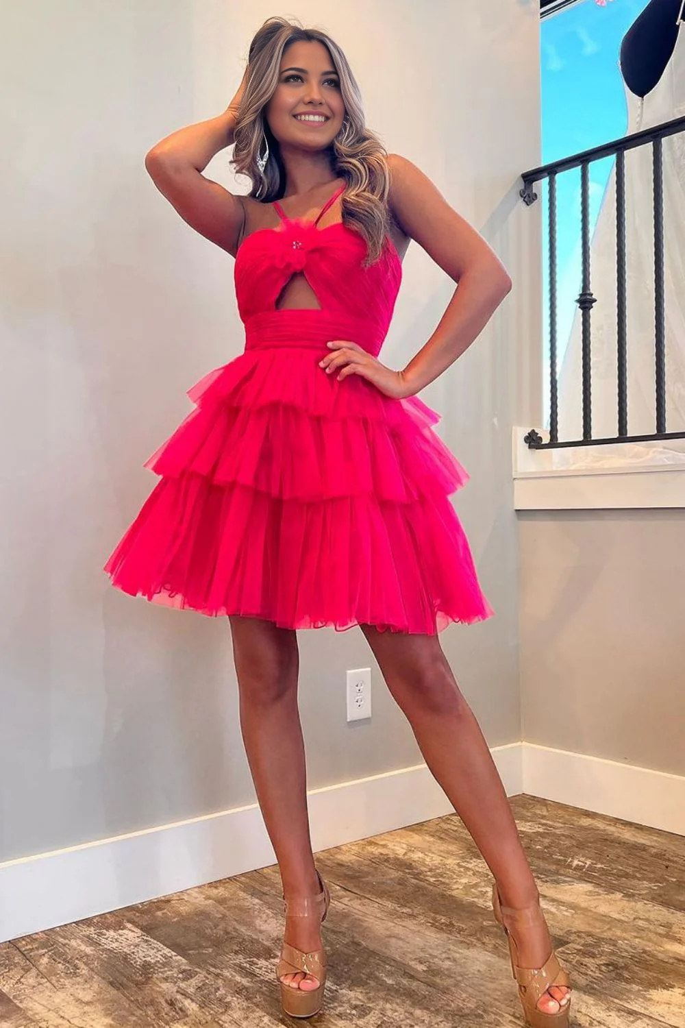 Red A-line halter neck short tiered tulle dress, front view.