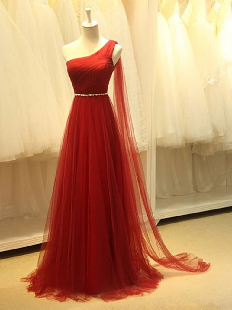 Elegant red A-line one-shoulder prom dress.