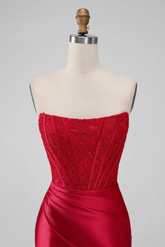 Back view of a red strapless A-line dress.