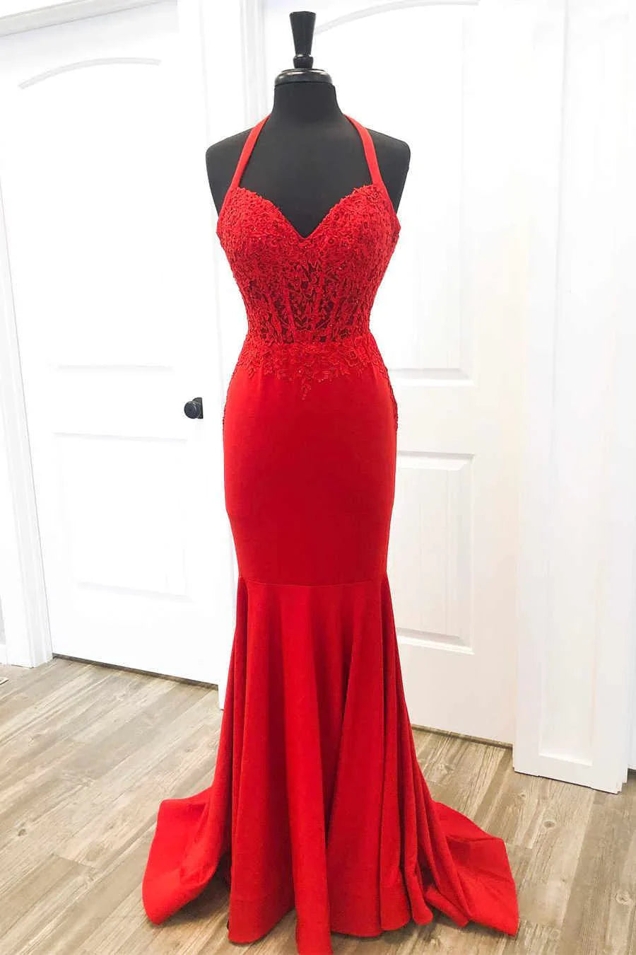 Red mermaid halter long prom dress with lace appliques.