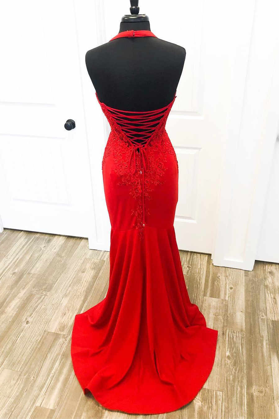 Red mermaid halter long prom dress.
