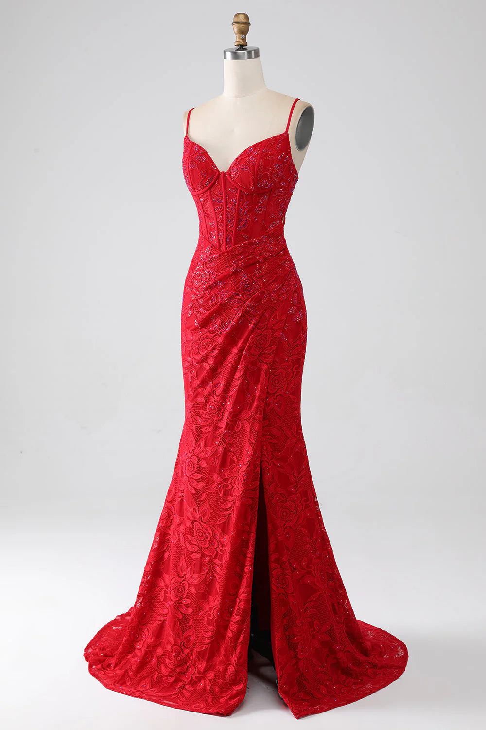 Elegant red mermaid prom dress with spaghetti straps and a high slit.