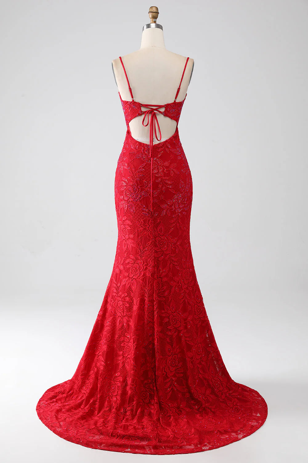 Red mermaid gown featuring intricate beaded lace applique.