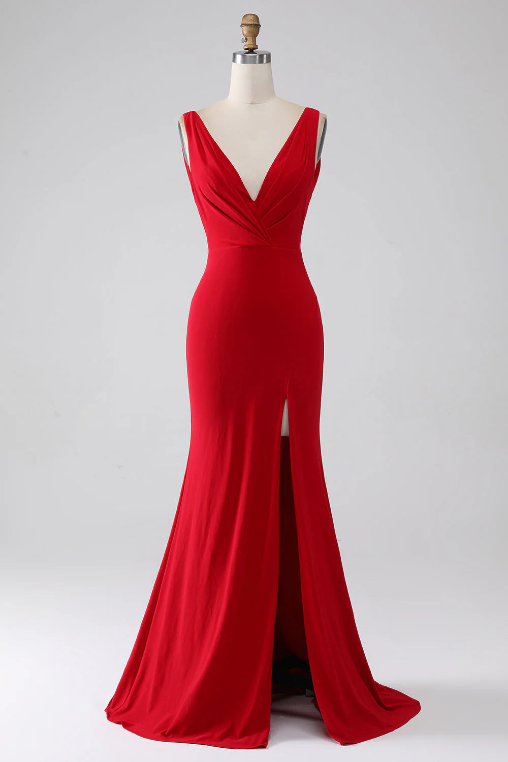 Elegant red mermaid V-neck prom dress with a high slit, front view.