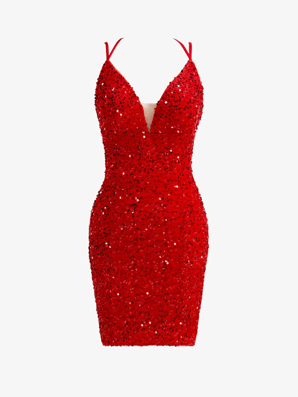 Close-up of the smooth, red fabric of the sheath dress.