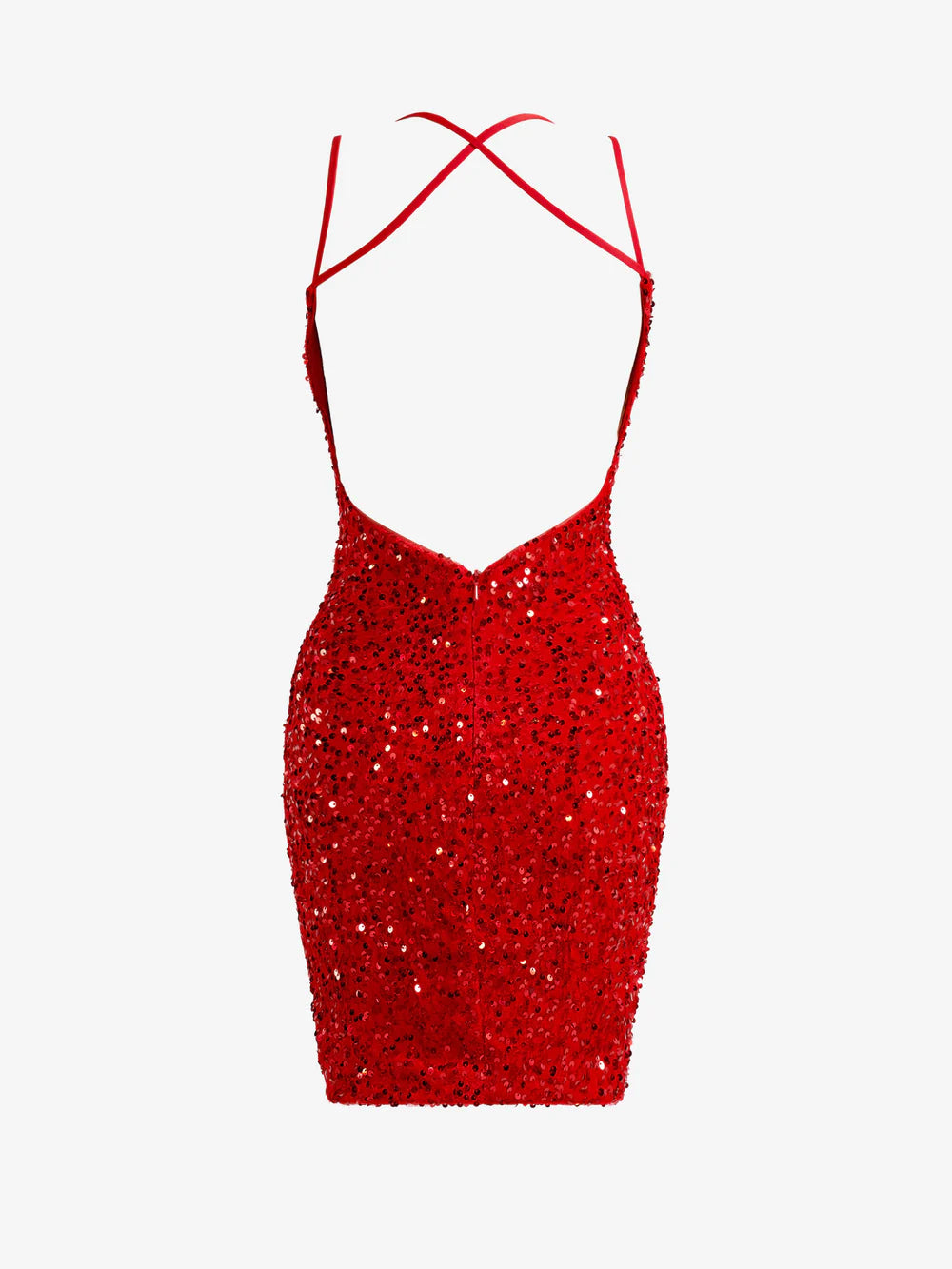 Woman posing in a red strapless maxi sheath dress, highlighting the slit.