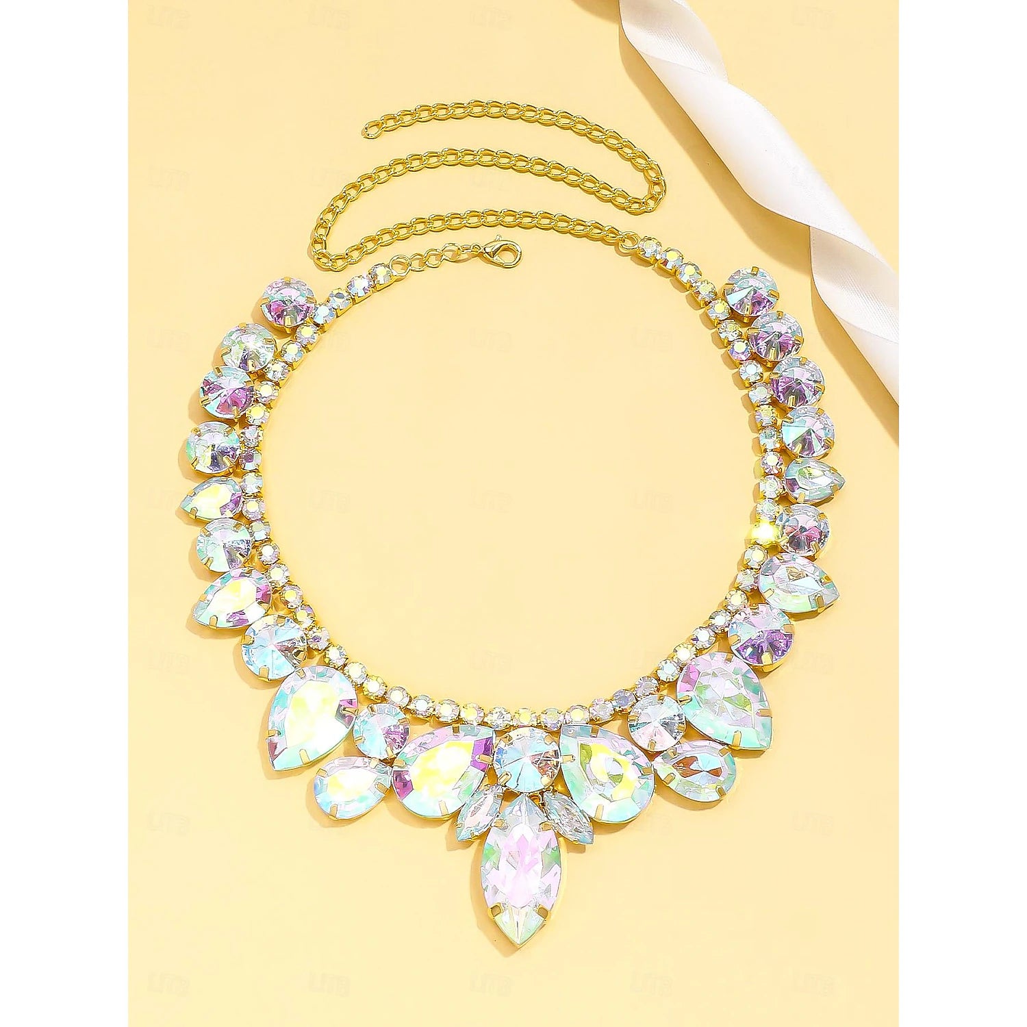 Full view of the luxury irregular rhinestone and bead necklace.