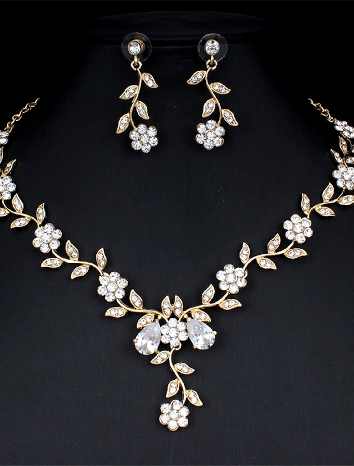 Close-up of rhinestone necklace from bridal jewelry set.